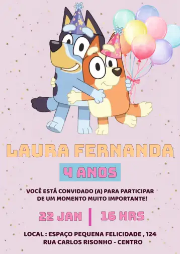 Convite Bluey & Bingo Bday para kids birthday party – tema kids' birthday party (blue, pink, playful, fun-filled, childish, modern)