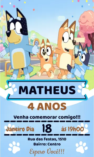 Invitación Bluey E Bingo Disney editable y personalizable