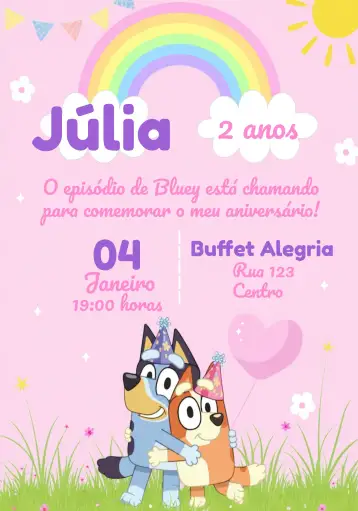 Convite Bluey And Bingo Dog para kids birthday – tema most searched for (colorful, childlike, playful, rainbow-themed, delicate)