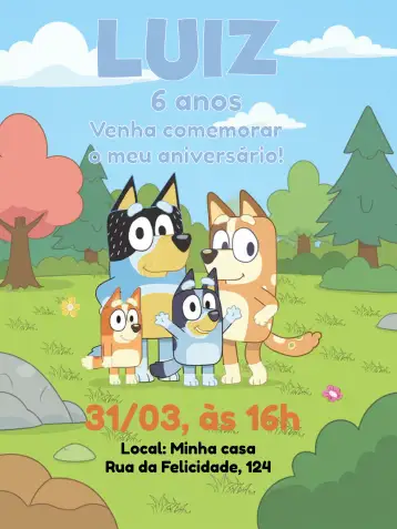 Convite Bluey Y Bingo Dibujo para cumpleaños infantil – tema más buscados (colorido, divertido, infantil, moderno, animado, lúdico)
