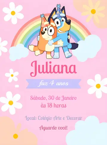Convite Bluey Y Bingo Chica para cumpleaños infantil. – tema más buscados (colorido, lúdico, floral, moderno, divertido, infantil)