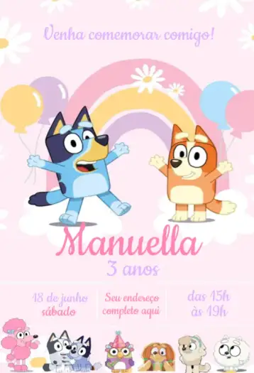 Convite Bluey e bingo menina rosa para aniversário infantil – tema aniversário infantil (cores suaves, ilustrações lúdicas, estilo divertido, elementos gráficos coloridos, temática infantil)