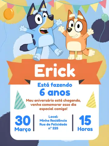 Convite Bluey And Bingo Dog para children's birthday – tema most searched for (colorful, fun, childish, lively, themed, playful)