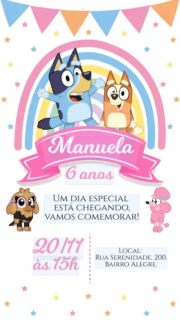 Invitación bluey y bingo rosa chica editable y personalizable