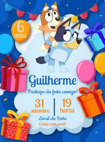 Convite Bluey Party para children's birthday with a bluey theme. – tema most searched for (vibrant, playful, fun-filled, colorful, childlike, themed)