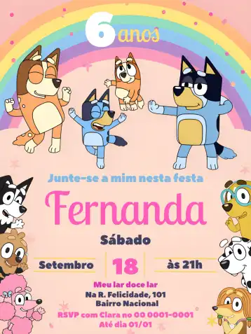 Convite Bluey Íris – tema Mais pesquisados colorido, divertido, infantil, arco-íris, moderno