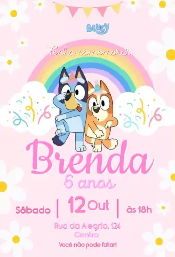 Convite Bluey rosa para aniversário infantil. – tema aniversário infantil (flores, pastel, lúdico, feminino, colorido, infantil)