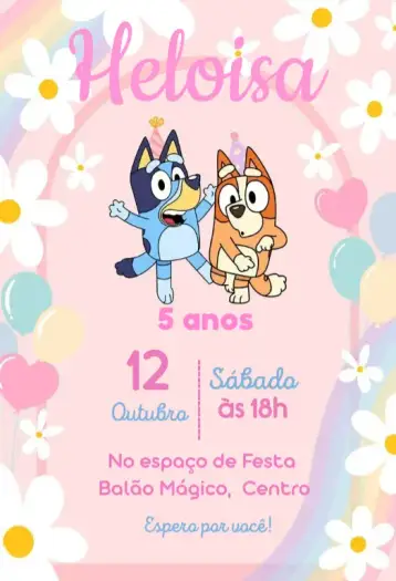 Convite Bluey rosa para aniversário infantil com tema bluey. – tema aniversário infantil (colorido, floral, pastel, fofo, moderno)