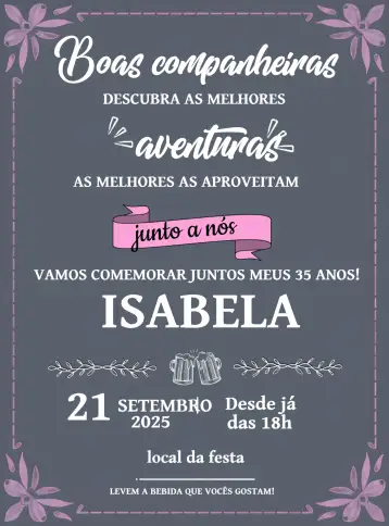 Convite Boas Amigas Rosa Cinza Boteco Bons para aniversário com amigos em um boteco ou celebração informal. – tema aniversário (rosa, cinza, chalkboard, moderno, descontraído, boteco)