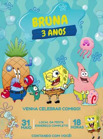 Convite Bob Esponja Agua editável e personalizável