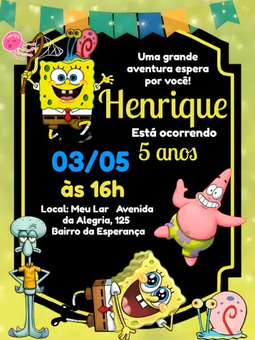 Convite Bob Esponja Animado editável e personalizável