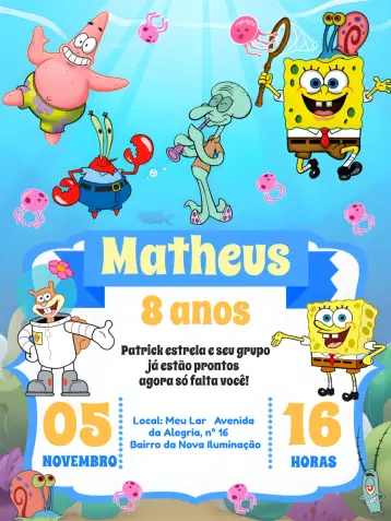 Convite Bob Esponja Azul editável e personalizável