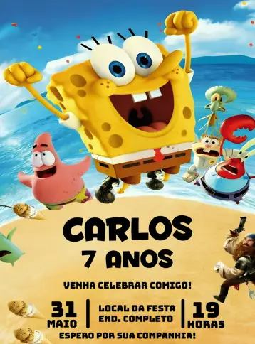 Convite Bob Esponja Desenho para aniversário infantil com tema do bob esponja. – tema mais pesquisados (colorido, praia, divertido, cartoon, verão)