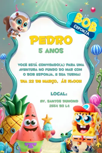 Convite Bob Esponja Fundo editável e personalizável