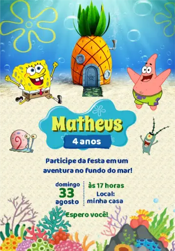 Convite Bob Esponja Mar para aniversário infantil com tema bob esponja. – tema mais pesquisados (colorido, fundo do mar, divertido, infantil, temático)