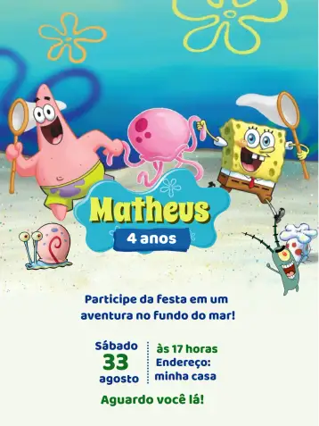 Convite Bob Esponja Mar para aniversário infantil com tema bob esponja. – tema mais pesquisados (colorido, fundo do mar, divertido, infantil, temático)