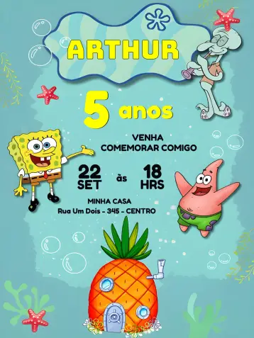 Convite Bob Esponja Quadrada editável e personalizável