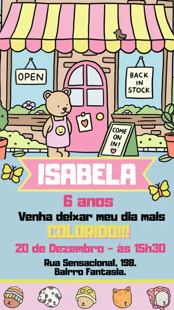Convite Invitación de Cumpleaños Bobbie Goods para cumpleaños infantil – tema cumpleaños infantil (colorido, divertido, lúdico, infantil, ursinho)