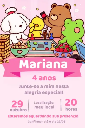 Convite Bobbie Goods Animais para aniversário infantil – tema aniversário infantil (colorido, divertido, infantil, animal, ilustrações, lúdico)