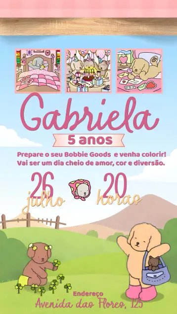 Convite Bobbie Goods Boobie para aniversário infantil – tema aniversário infantil (rosa, colorido, lúdico, infantil, divertido, moderno)
