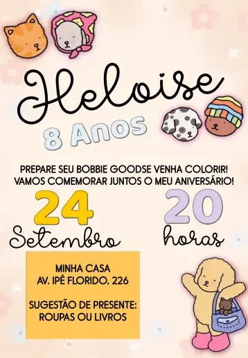 Convite Bobbie Goods Color para children's birthday – tema kids' birthday party (colorful, playful, childlike, garden, fun, themed)