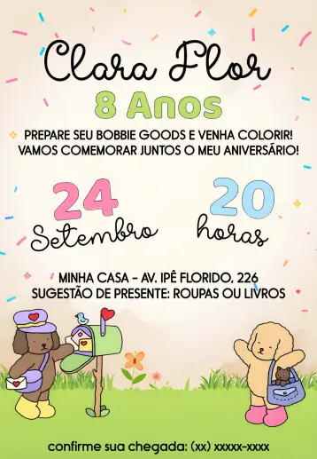 Convite Bobbie Goods Garden para children's birthday – tema kids' birthday party (enchanted garden, colorful, floral, fun-filled, animal-themed, nature)