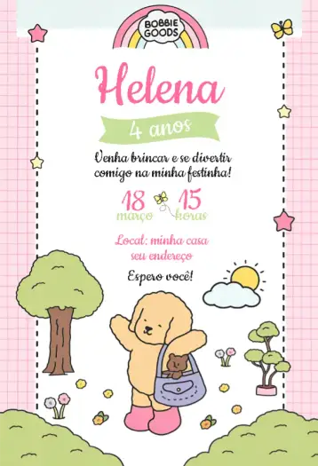 Convite Bobbie Goods Paisagem para aniversário infantil com tema de natureza. – tema cartão (natureza, floral, infantil, rosa, xadrez, divertido)