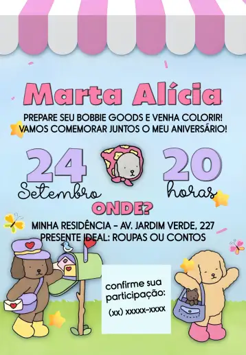 Convite Bobbie Goods Ursinho para aniversário infantil – tema aniversário infantil (cozy, animal, colorido, jardim, infantil, floral)