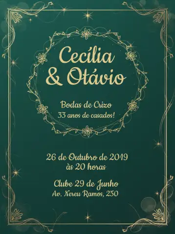 Convite Bodas De Crizo Casado para bodas de crizo - celebração de 33 anos de casamento. – tema chá de panela (verde, dourado, elegante, moderno, sofisticado, minimalista)