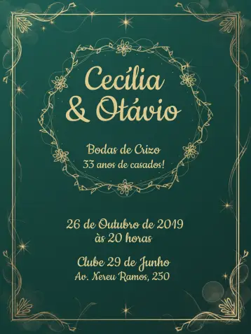 Convite Bodas De Crizo Casado para bodas de crizo - celebração de 33 anos de casamento. – tema chá de panela (verde, dourado, elegante, moderno, sofisticado, minimalista)