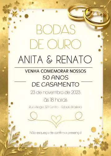 Convite Bodas De Ouro Dourado - 50 Anos Casamento Aliança para bodas de ouro, celebração de 50 anos de casamento. – tema 15 anos (dourado, elegante, romântico, clássico, sophisticated)