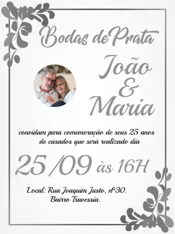 Convite Bodas De Plata Con Foto Blanco para bodas de plata - 25 años de matrimonio. – tema más buscados (plateado, blanco, minimalista, elegante, moderno)