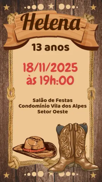 Convite Vaquera para cumpleaños con temática vaquera. – tema cumpleaños (estilo campestre, colores cálidos, elementos rústicos, diseño alegre, motivos de fiesta, inspirado en la vida rural)