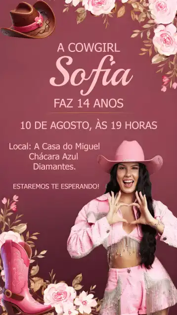 Invitation Cowgirl Ana Castela Teen – Most searched for theme floral, pink, golden, modern, cheerful, fun