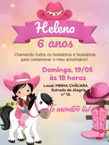 Convite Boiadeira Chapéu para aniversário infantil com tema de fazenda. – tema mais pesquisados (fazenda, cowgirl, rural, colorido, infantil, temático)