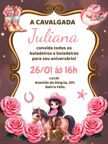 Convite Boiadeira Floral Rosas para aniversário com tema boiadeiro. – tema mais pesquisados (floral, boiadeiro, vibrante, colorido, rústico)