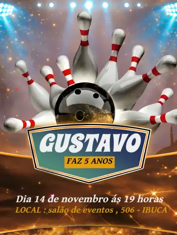 Convite Boliche Colorido para festa de aniversário infantil ou evento descontraído. – tema mais pesquisados (colorido, divertido, animado, moderno, jovial)