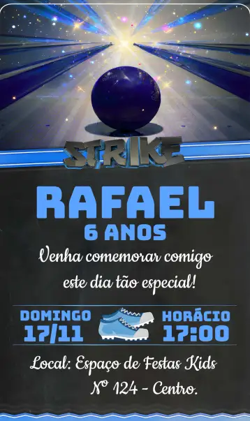 Convite Boliche Menino Strike para aniversário infantil com tema de boliche. – tema aniversário infantil (colorido, moderno, divertido, jogos, esportivo, temático)