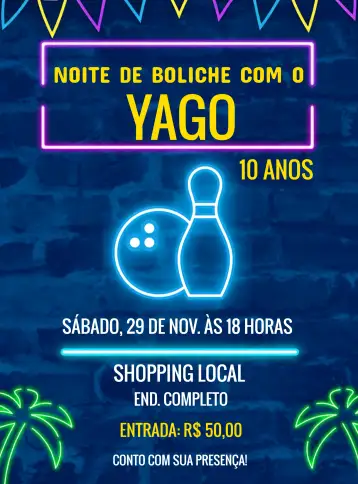 Convite Boliche Neon Noite para aniversário com tema de boliche e neon. – tema mais pesquisados (neon, moderno, divertido, colorido, jovem, festivo)