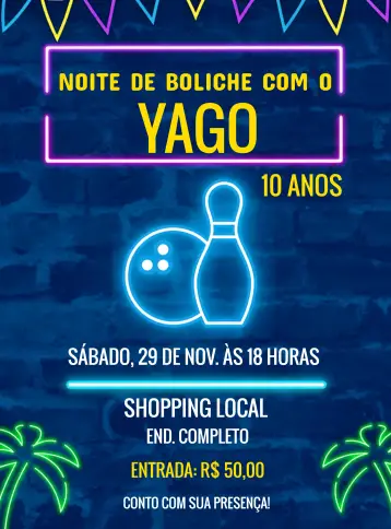 Convite Boliche Neon Noite editável e personalizável