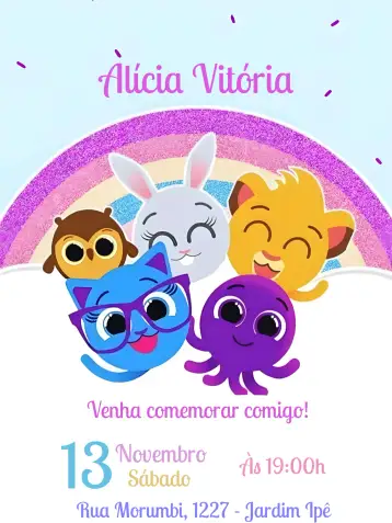 Convite Bolofofos para children's birthday. – tema most searched for (colorful, playful, fun, childlike, cheerful, modern)