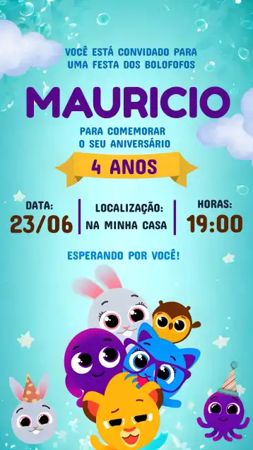 Invitation Bolofofos – Kids' Birthday Party theme purple, lilac, funny, colorful, kids