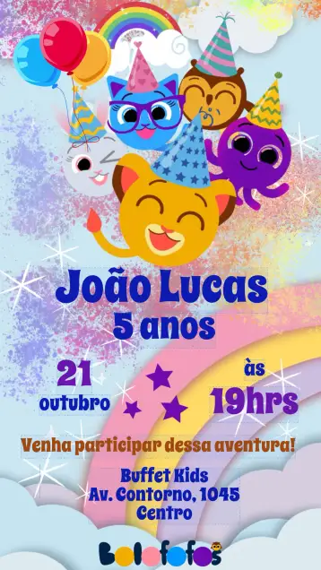 Convite CuteCakes para kids birthday. – tema kids' birthday party (colorful, fun, playful, themed, cheerful, childlike)