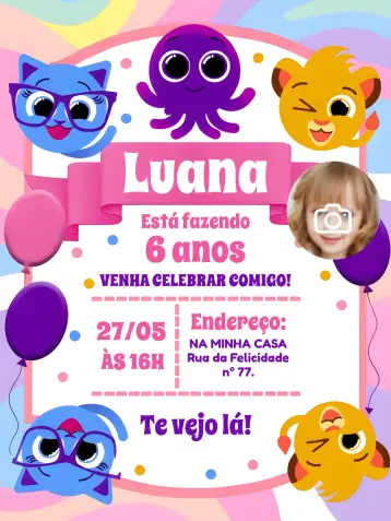 Convite Bolofofos Con Foto Dibujo para cumpleaños infantil – tema más buscados (colorido, divertido, infantil, moderno, ilustrativo, temático)