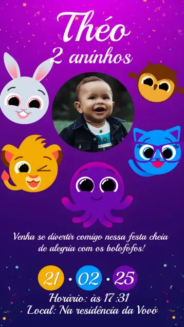 Convite Bolofofos Com Foto Queijo para aniversário infantil – tema mais pesquisados (roxo vibrante, divertido, infantil, lúdico, moderno)