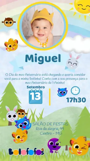 Convite Bolofofos para aniversário infantil – tema mais pesquisados (colorido, divertido, lúdico, infantil, brincalhão, moderno)