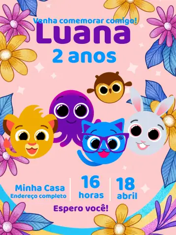 Convite Bolofofos Festa para aniversário infantil – tema mais pesquisados (divertido, colorido, infantil, moderno, alegre, lúdico)