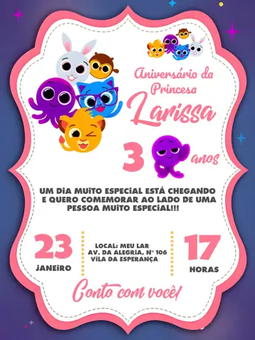 Convite Bolofofos Frame para children's birthday and themed parties. – tema most searched for (modern, fun, striped, delicate, colorful, festive)