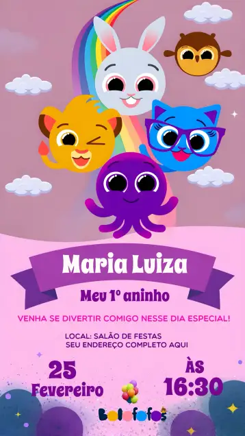 Convite Bolofofos Lilás para aniversário infantil – tema mais pesquisados (lilás, glitter, infantil, divertido, doce, colorido)