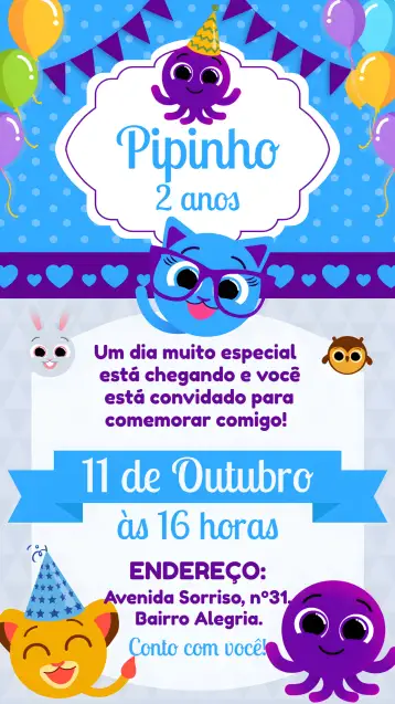 Convite Bolofofos Pipi para aniversário infantil – tema mais pesquisados (colorido, divertido, temático, infantil, alegre)